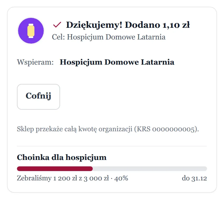 Widżet po dodaniu darowizny dla wybranej organizacji