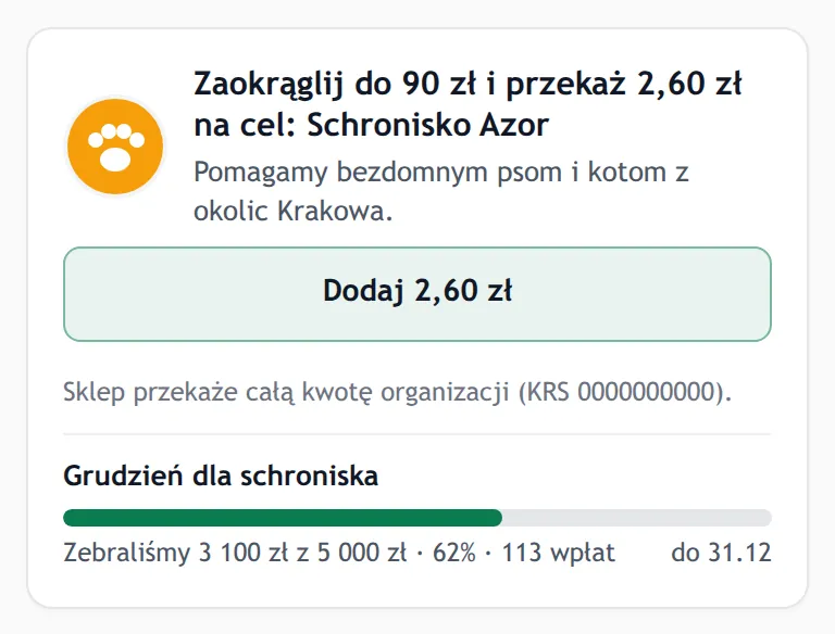Karta celu z logo i paskiem postępu w koszyku sklepu zoologicznego