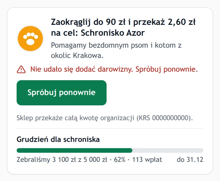 Widżet z komunikatem o błędzie dodawania