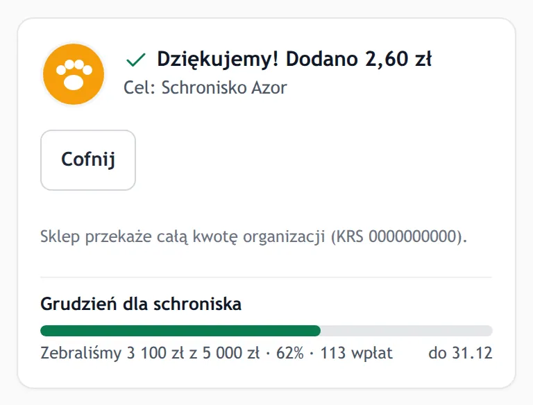 Widżet po dodaniu darowizny