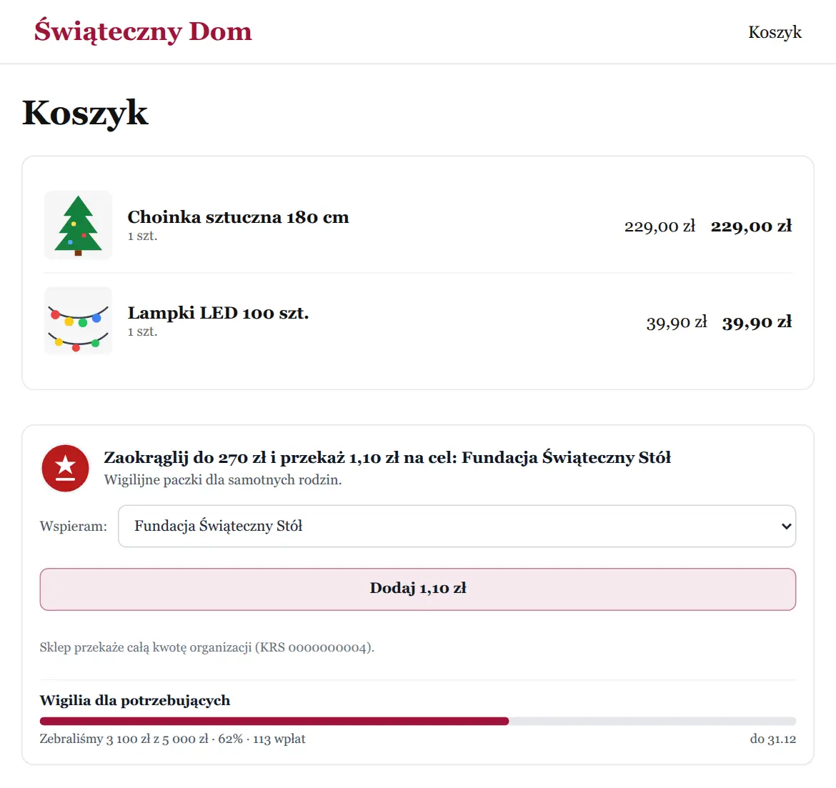 Koszyk sklepu ze świątecznymi dekoracjami z wyborem celu darowizny